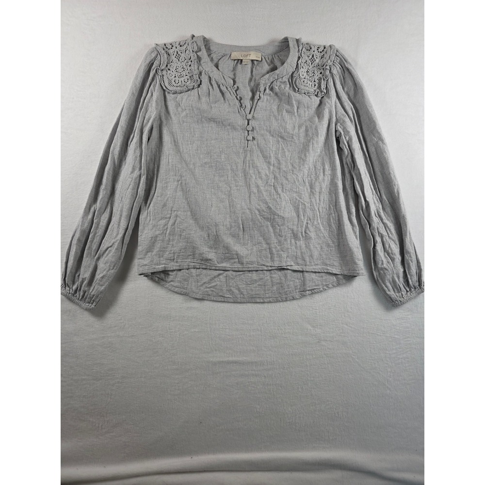 100% Cotton Blouse Crochet Lace Shoulder Top XSP Grey Boho Cottagecore LOFT